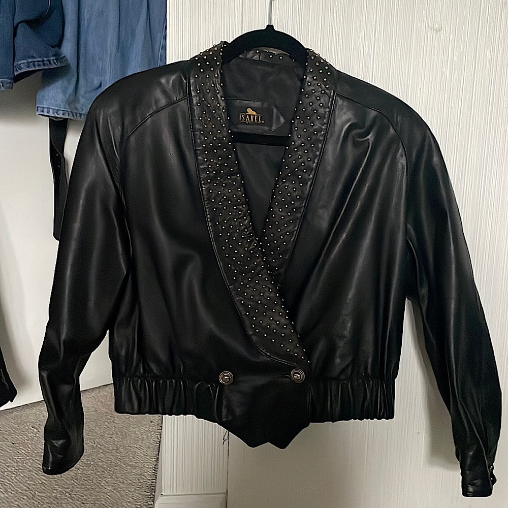 Vintage black leather gold grommet jacket